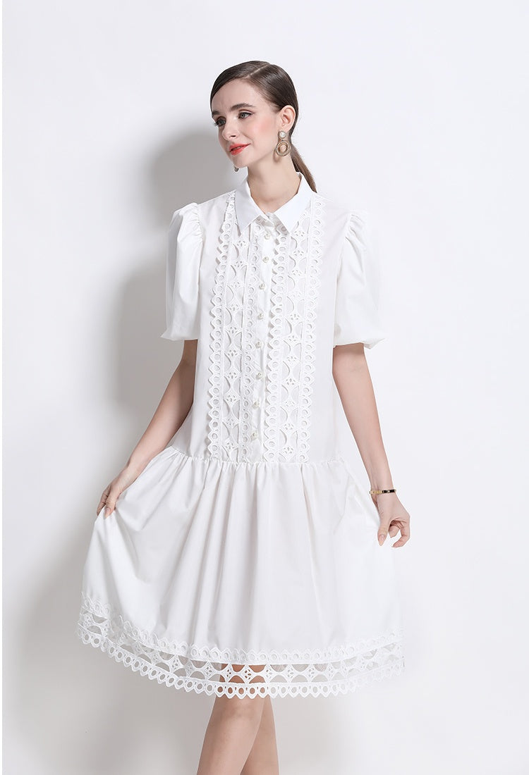CM-DY035650 Women Elegant European Style Collar Neckline Puff Sleeve Loose Midi Dress (Available in 3 colors)