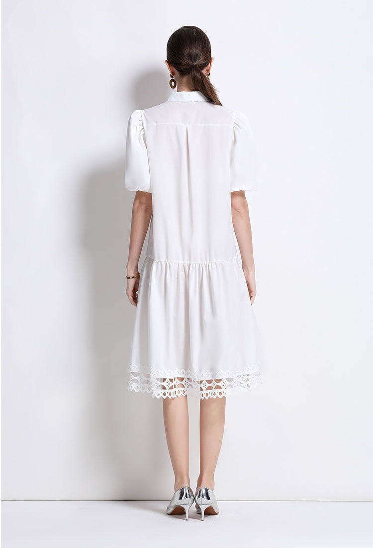 CM-DY035650 Women Elegant European Style Collar Neckline Puff Sleeve Loose Midi Dress (Available in 3 colors)