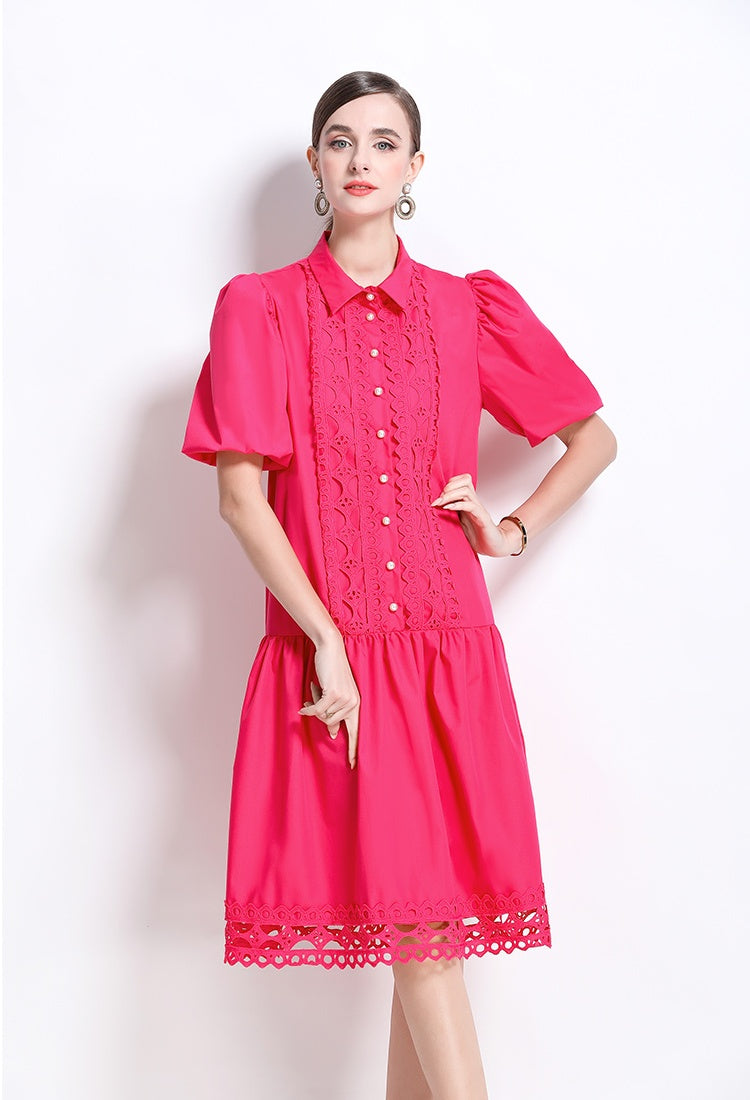 CM-DY035650 Women Elegant European Style Collar Neckline Puff Sleeve Loose Midi Dress (Available in 3 colors)