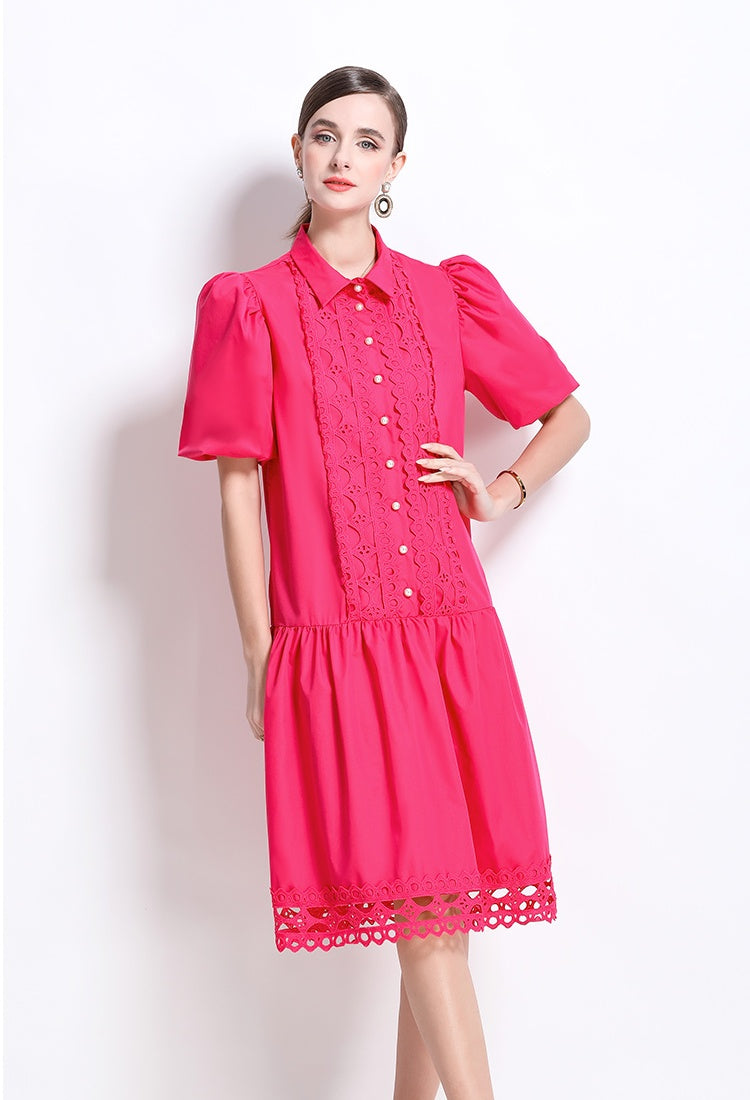 CM-DY035650 Women Elegant European Style Collar Neckline Puff Sleeve Loose Midi Dress (Available in 3 colors)
