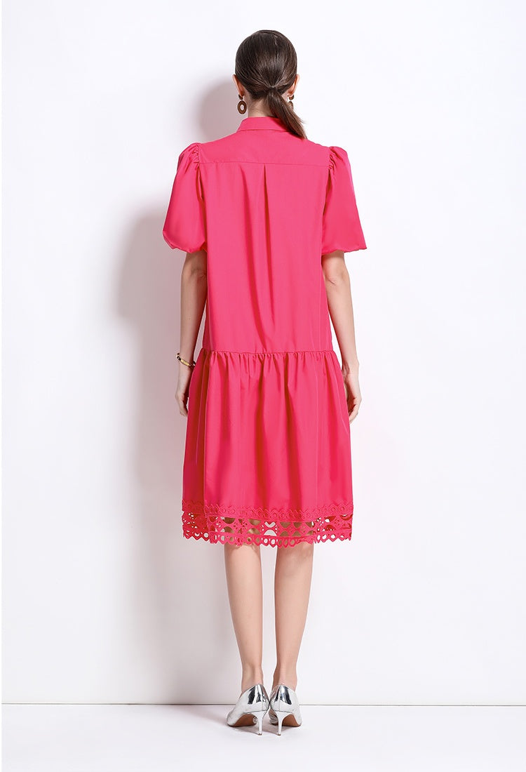 CM-DY035650 Women Elegant European Style Collar Neckline Puff Sleeve Loose Midi Dress (Available in 3 colors)