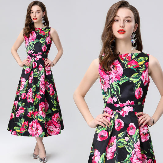 CM-DY035651 Women Elegant European Style Round Neck Sleeveless High Waist A-Line Midi Dress