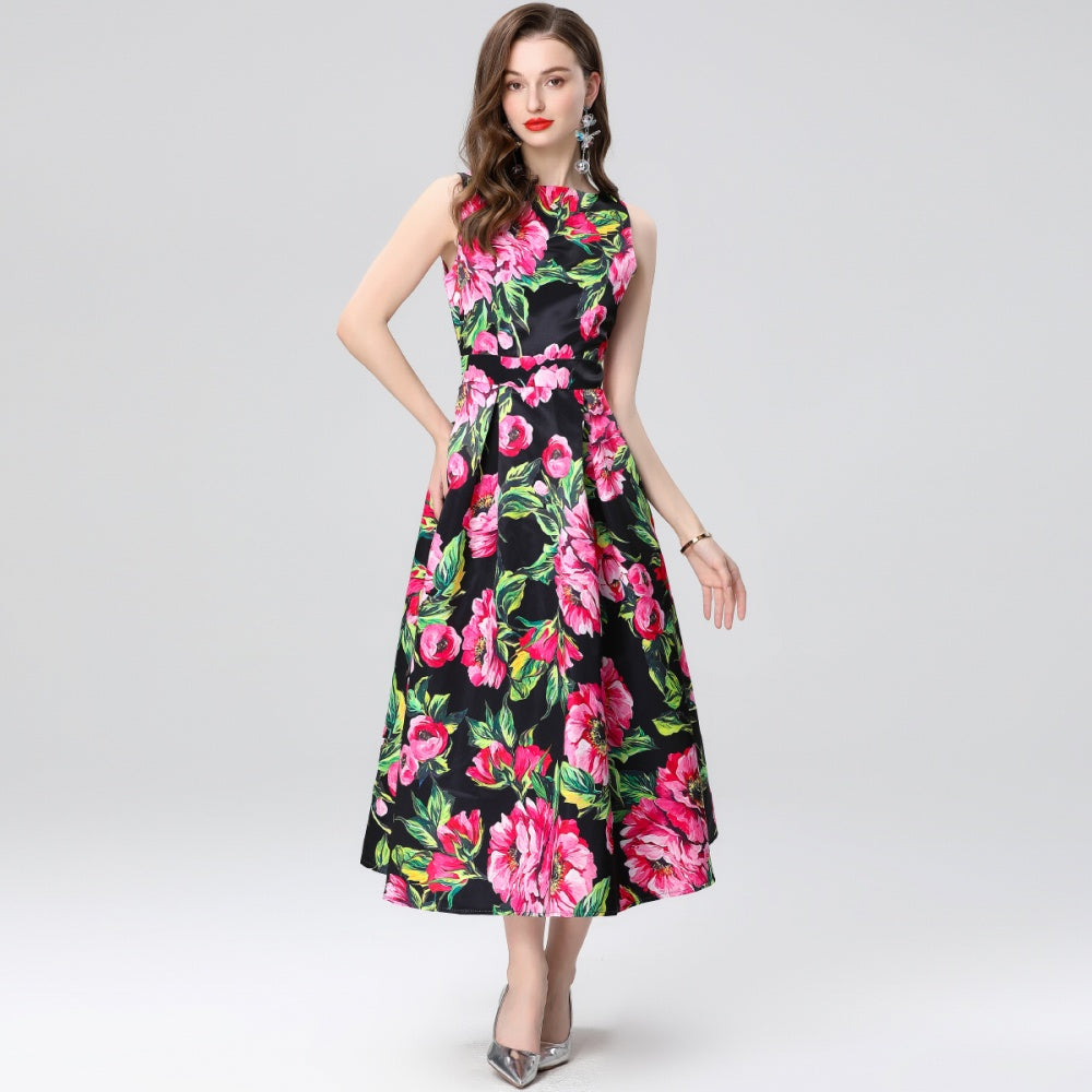 CM-DY035651 Women Elegant European Style Round Neck Sleeveless High Waist A-Line Midi Dress