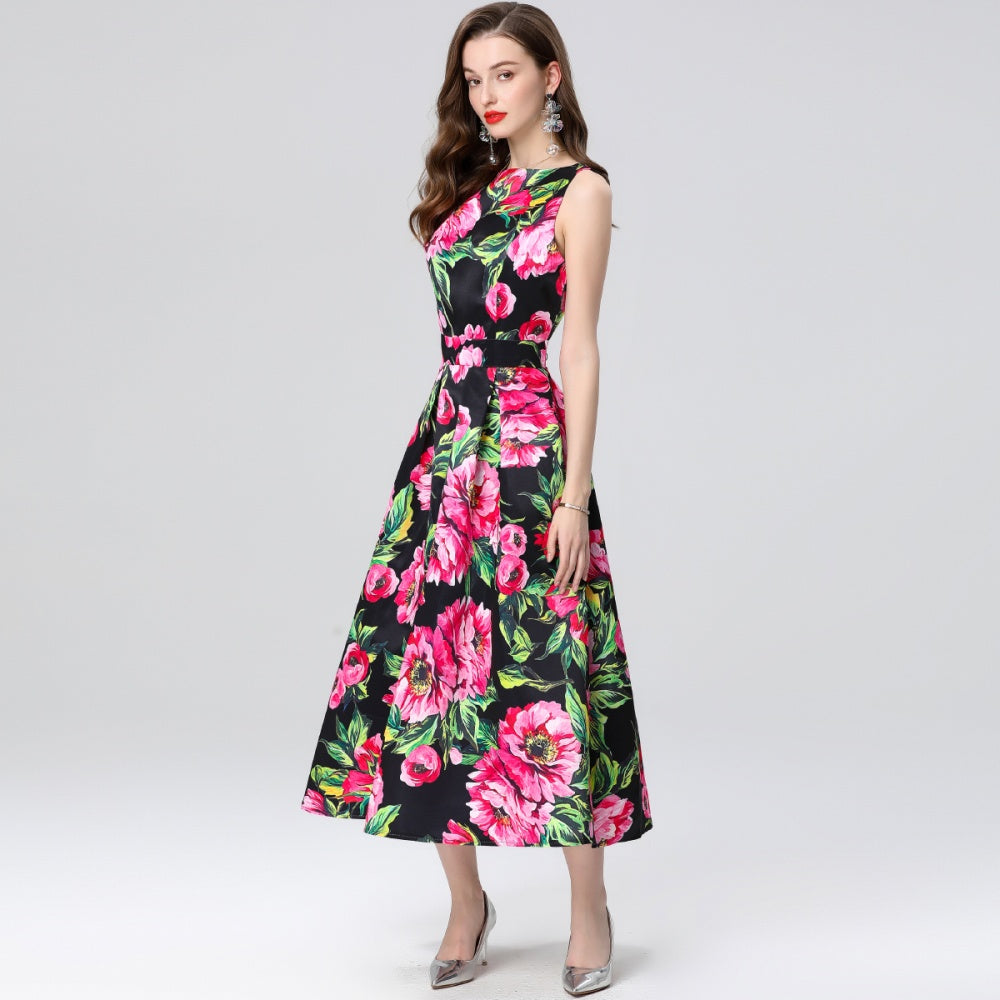 CM-DY035651 Women Elegant European Style Round Neck Sleeveless High Waist A-Line Midi Dress