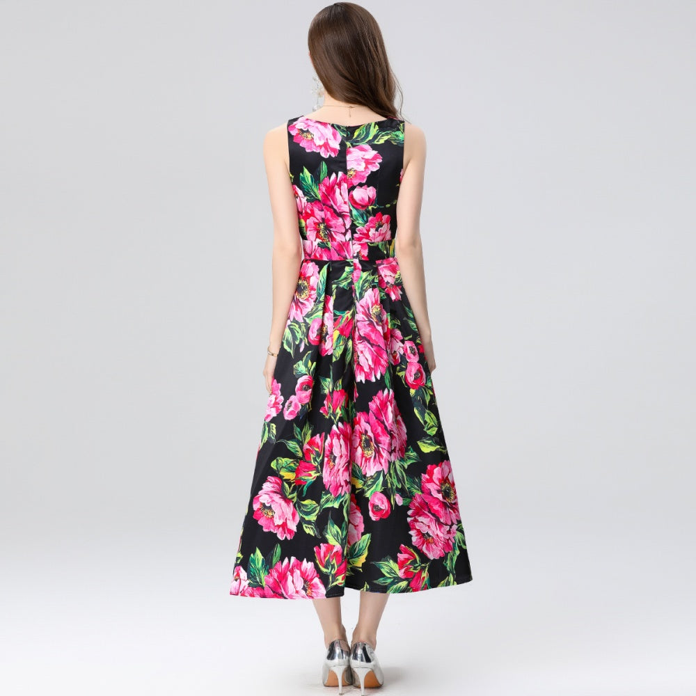 CM-DY035651 Women Elegant European Style Round Neck Sleeveless High Waist A-Line Midi Dress
