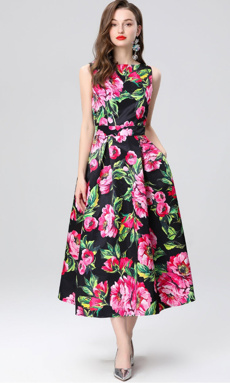 CM-DY035651 Women Elegant European Style Round Neck Sleeveless High Waist A-Line Midi Dress