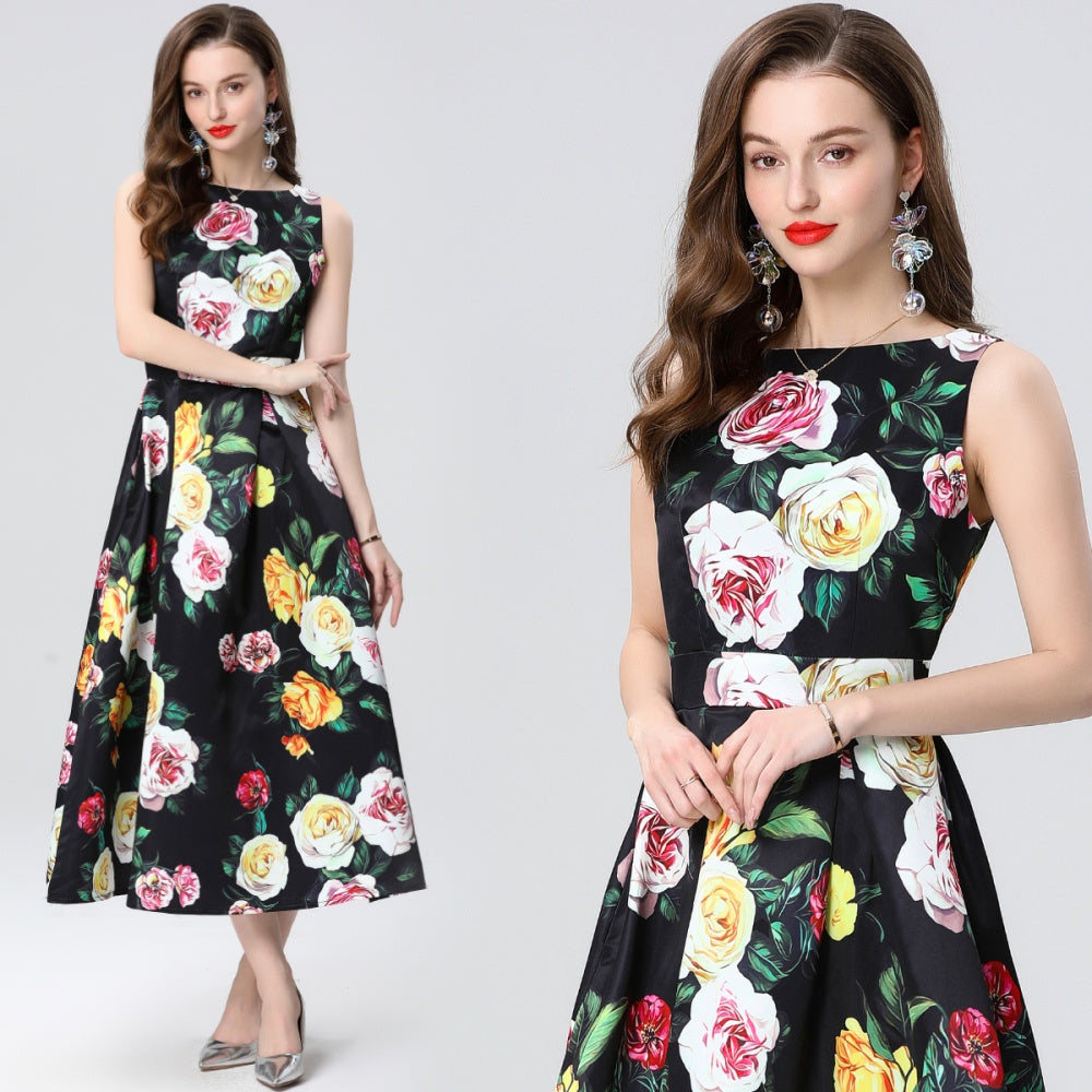 CM-DY035652 Women Elegant European Style Sleeveless High Waist Pinched Waist A-Line Dress