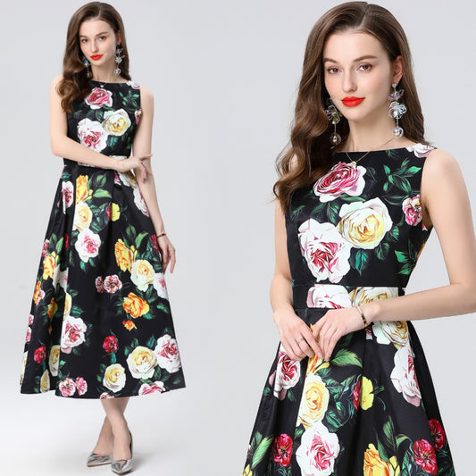 CM-DY035652 Women Elegant European Style Sleeveless High Waist Pinched Waist A-Line Dress
