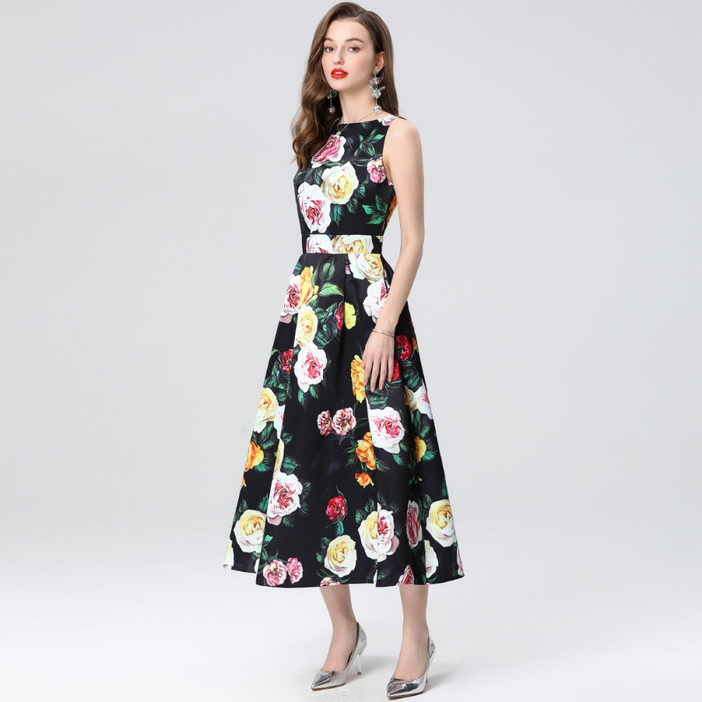 CM-DY035652 Women Elegant European Style Sleeveless High Waist Pinched Waist A-Line Dress