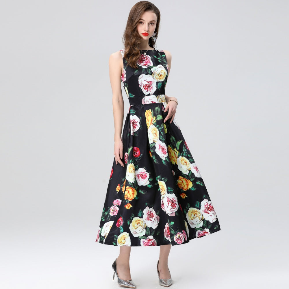 CM-DY035652 Women Elegant European Style Sleeveless High Waist Pinched Waist A-Line Dress