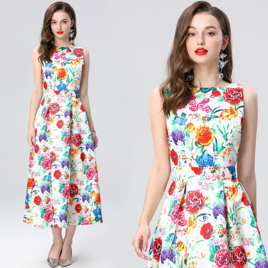 CM-DY035653 Women Elegant European Style Round Neck Sleeveless High Waist A-Line Midi Dress