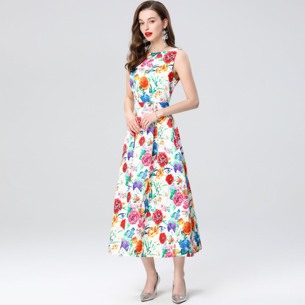 CM-DY035653 Women Elegant European Style Round Neck Sleeveless High Waist A-Line Midi Dress