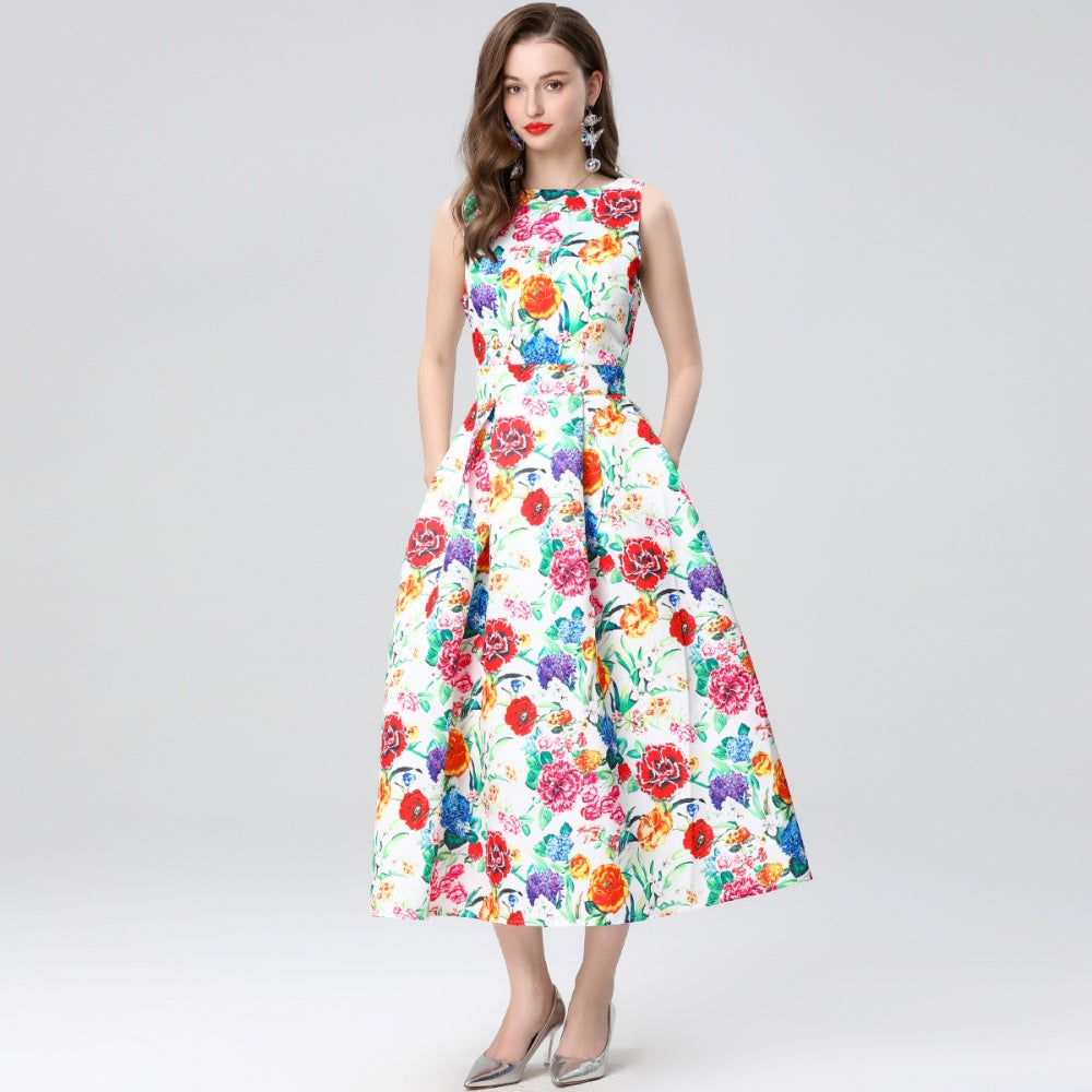 CM-DY035653 Women Elegant European Style Round Neck Sleeveless High Waist A-Line Midi Dress