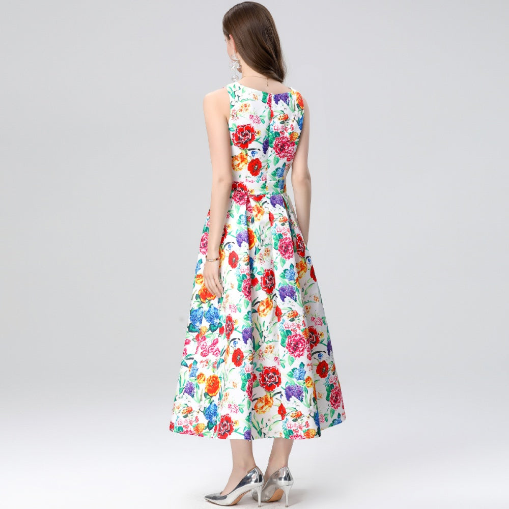 CM-DY035653 Women Elegant European Style Round Neck Sleeveless High Waist A-Line Midi Dress
