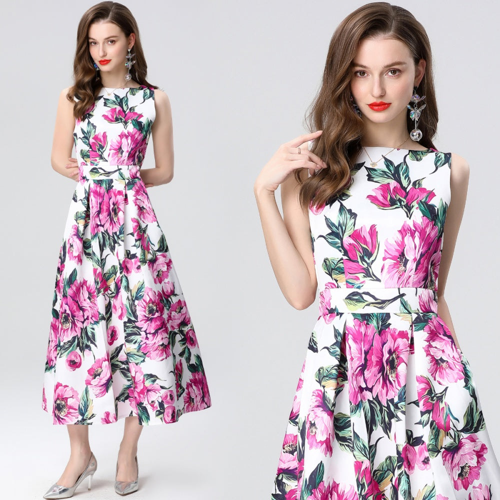 CM-DY035654 Women Elegant European Style Round Neck Sleeveless High Waist A-Line Midi Dress