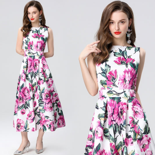 CM-DY035654 Women Elegant European Style Round Neck Sleeveless High Waist A-Line Midi Dress