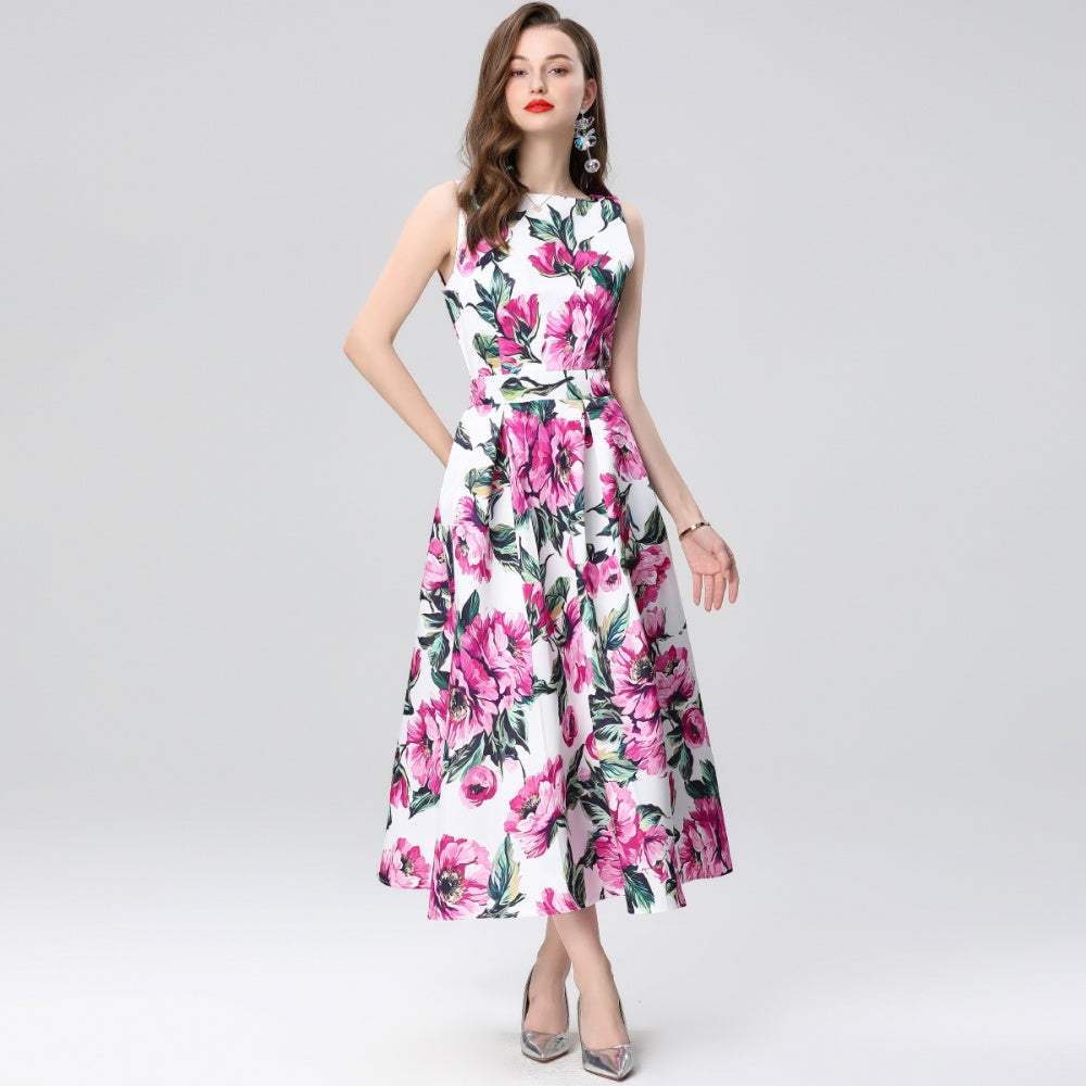 CM-DY035654 Women Elegant European Style Round Neck Sleeveless High Waist A-Line Midi Dress