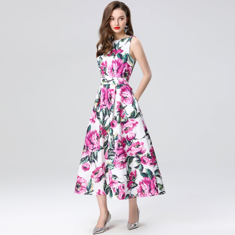 CM-DY035654 Women Elegant European Style Round Neck Sleeveless High Waist A-Line Midi Dress