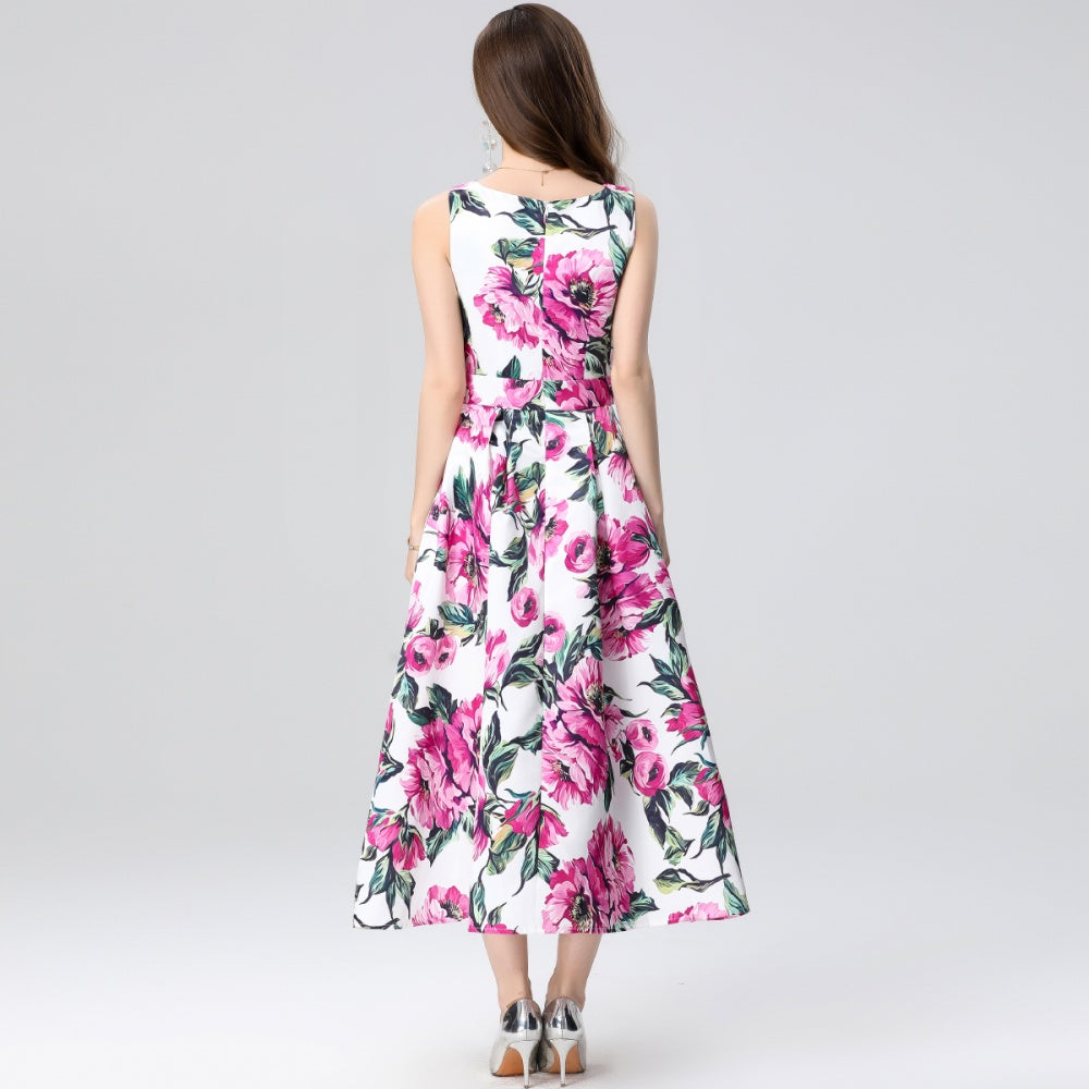 CM-DY035654 Women Elegant European Style Round Neck Sleeveless High Waist A-Line Midi Dress