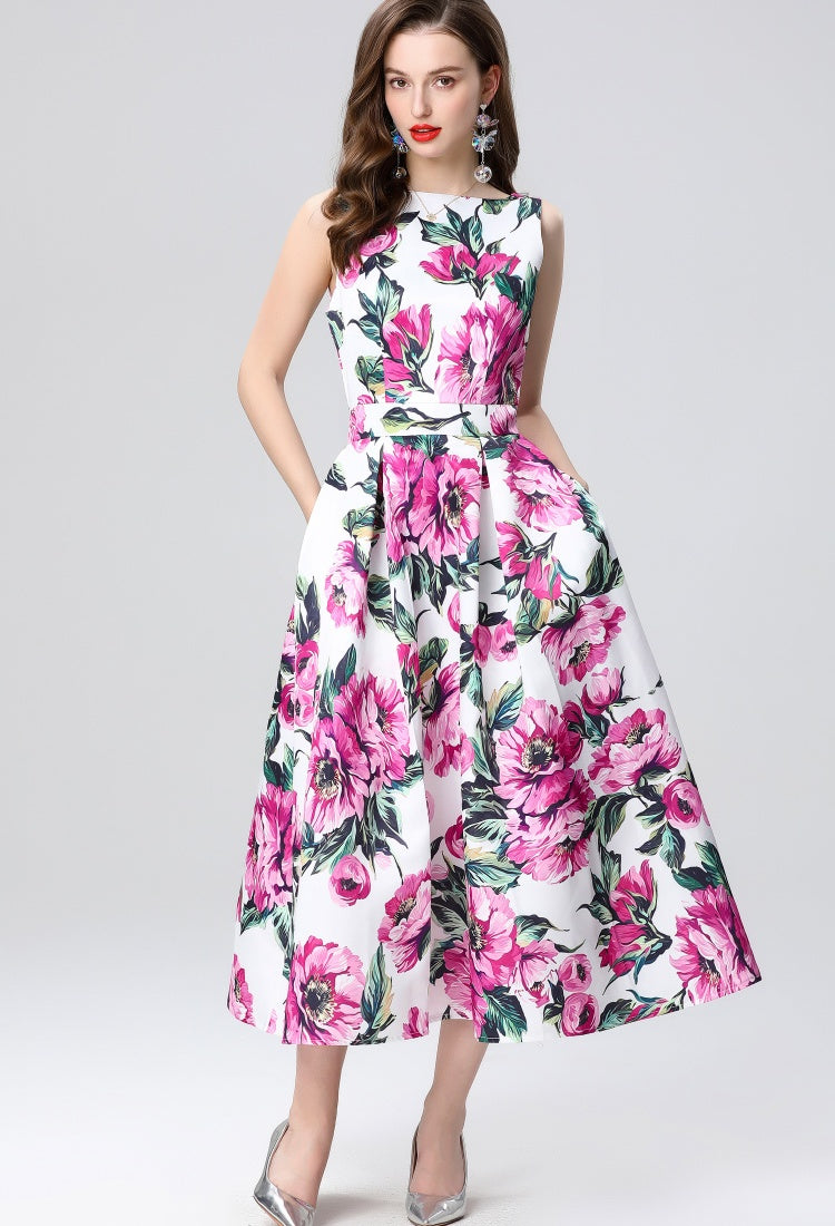 CM-DY035654 Women Elegant European Style Round Neck Sleeveless High Waist A-Line Midi Dress