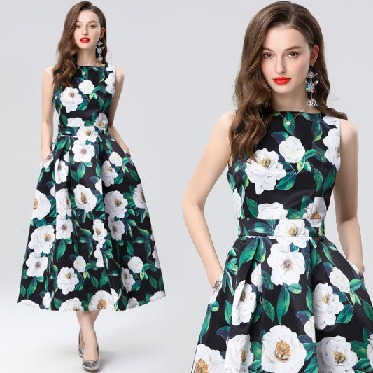 CM-DY035655 Women Elegant European Style Round Neck Sleeveless High Waist A-Line Midi Dress