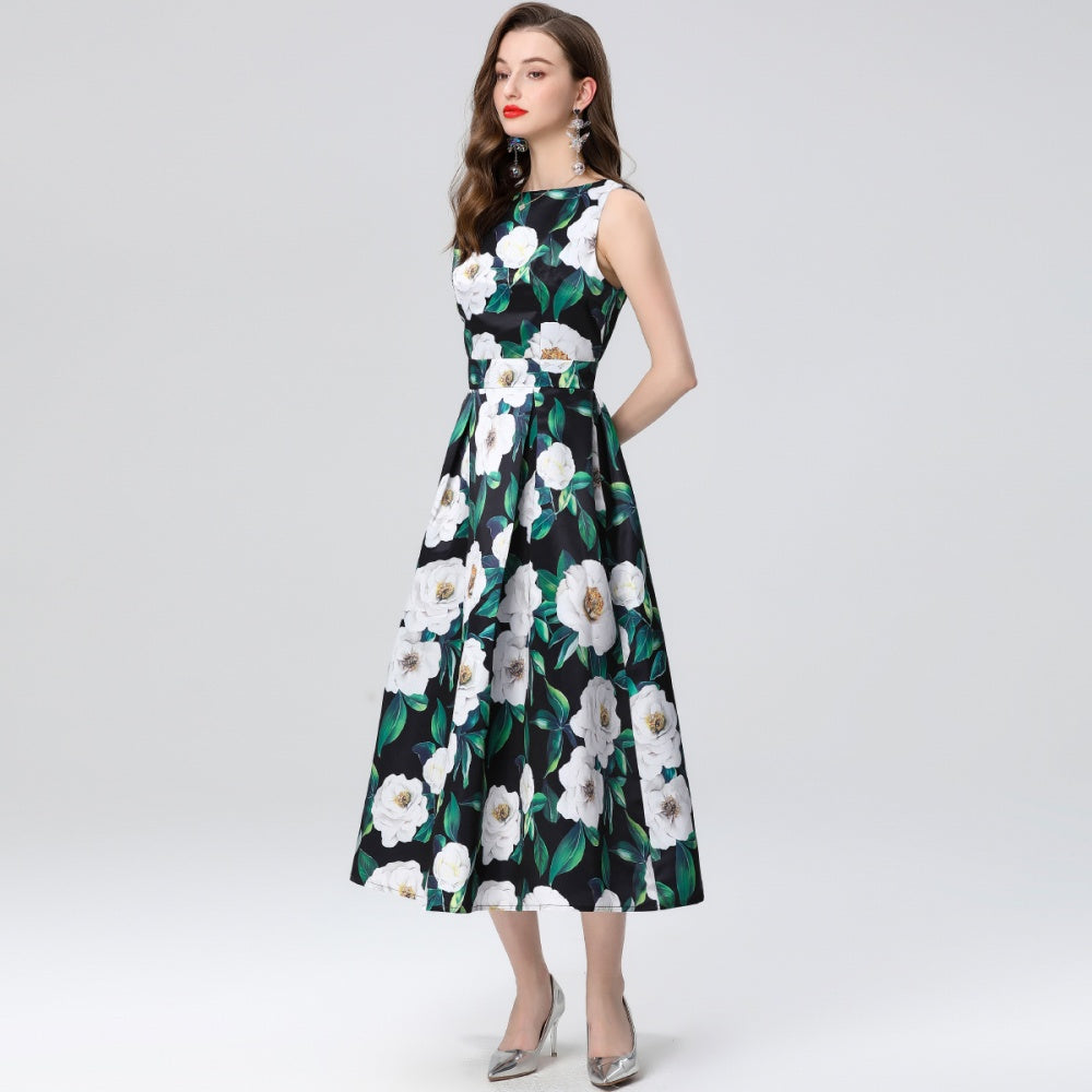 CM-DY035655 Women Elegant European Style Round Neck Sleeveless High Waist A-Line Midi Dress