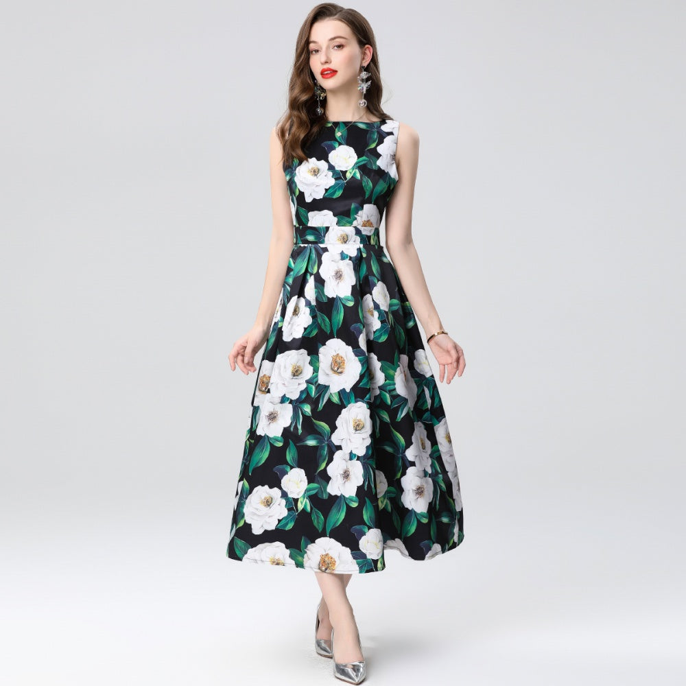 CM-DY035655 Women Elegant European Style Round Neck Sleeveless High Waist A-Line Midi Dress
