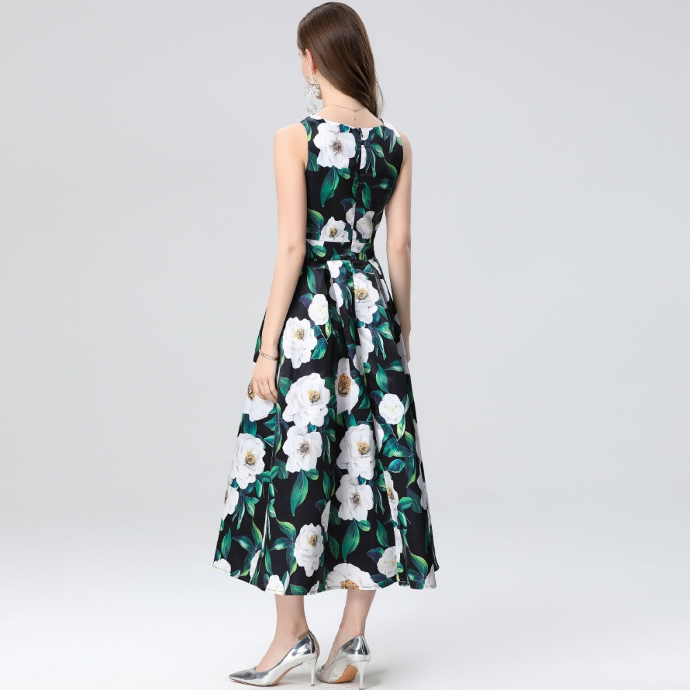 CM-DY035655 Women Elegant European Style Round Neck Sleeveless High Waist A-Line Midi Dress