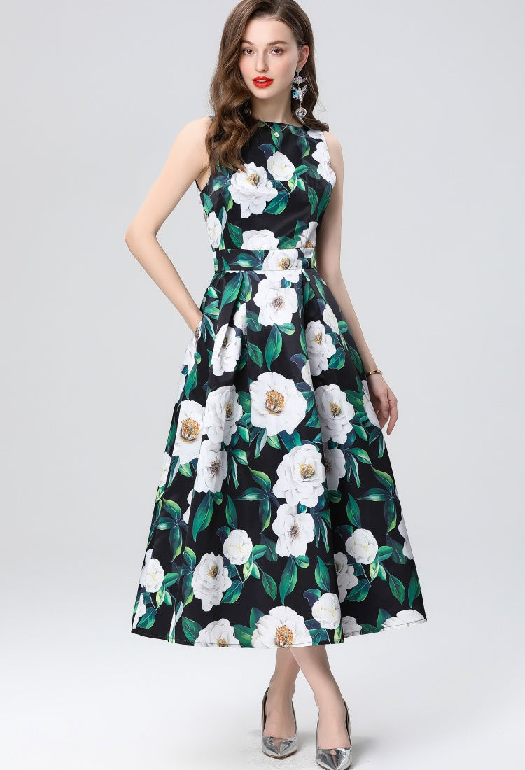 CM-DY035655 Women Elegant European Style Round Neck Sleeveless High Waist A-Line Midi Dress