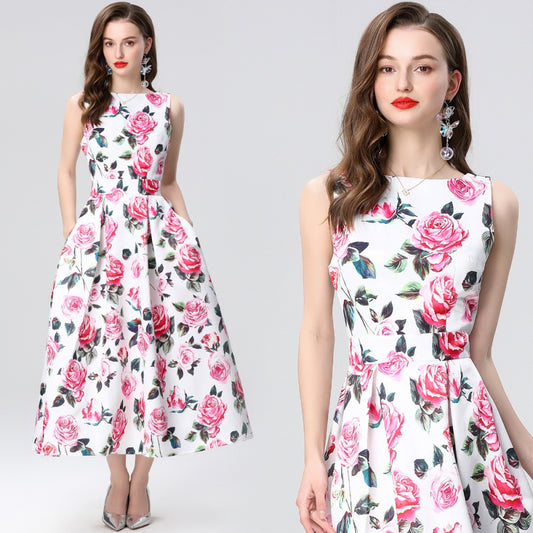 CM-DY035656 Women Elegant European Style Round Neck Sleeveless High Waist Midi Dress