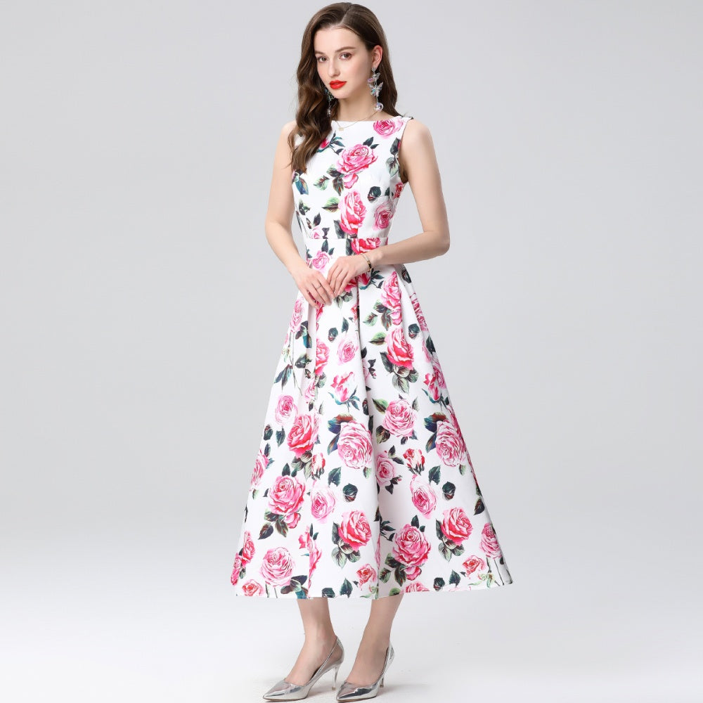 CM-DY035656 Women Elegant European Style Round Neck Sleeveless High Waist Midi Dress