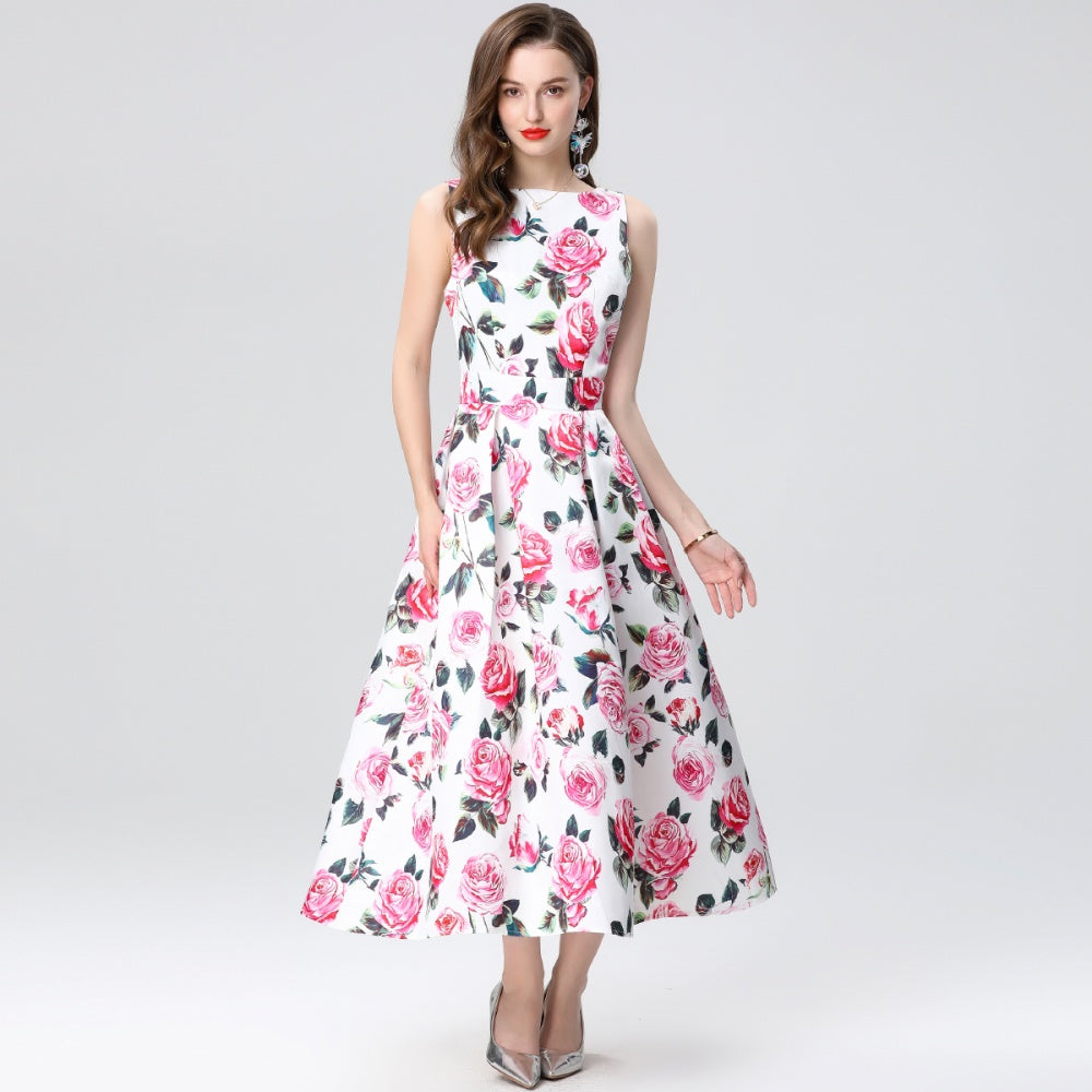 CM-DY035656 Women Elegant European Style Round Neck Sleeveless High Waist Midi Dress