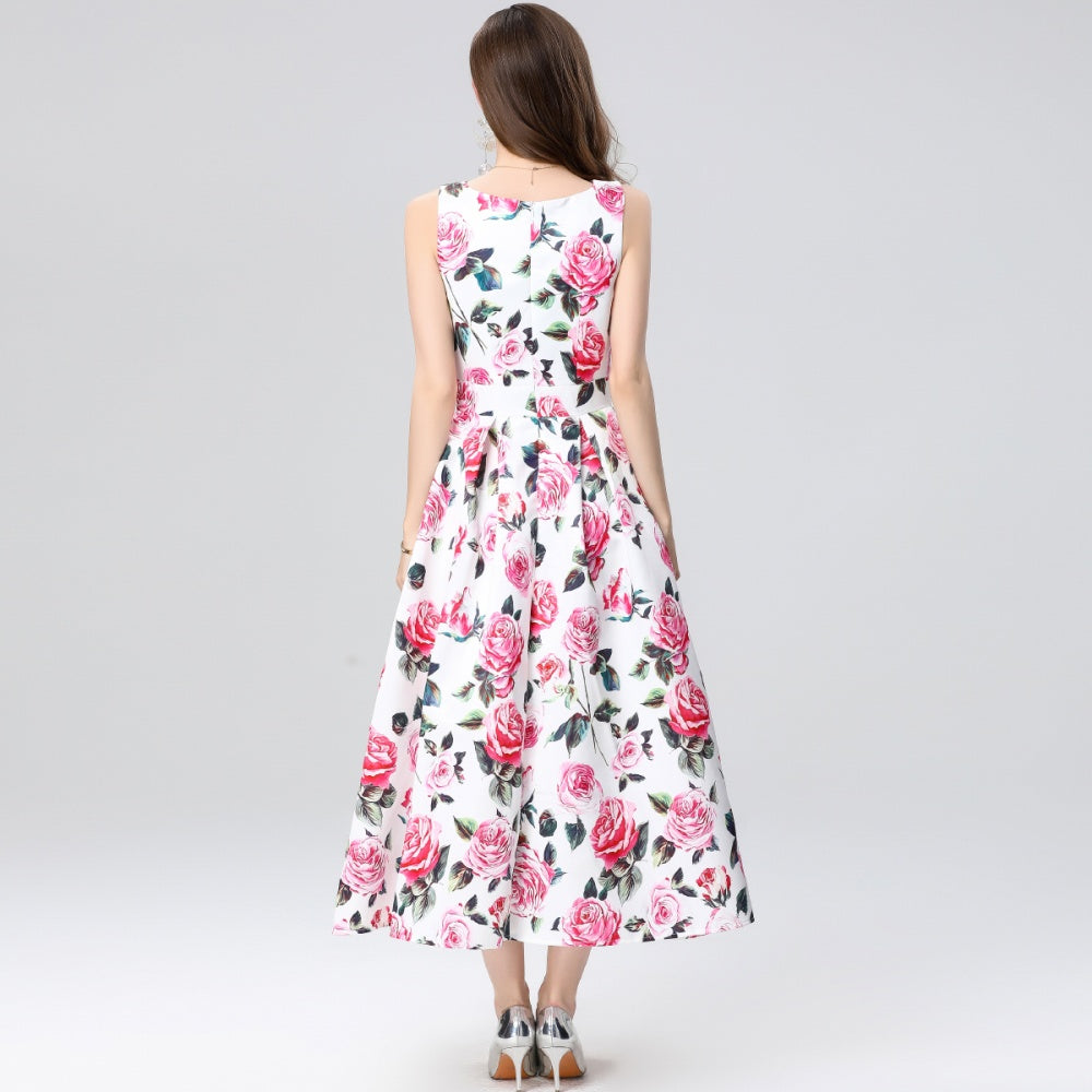 CM-DY035656 Women Elegant European Style Round Neck Sleeveless High Waist Midi Dress