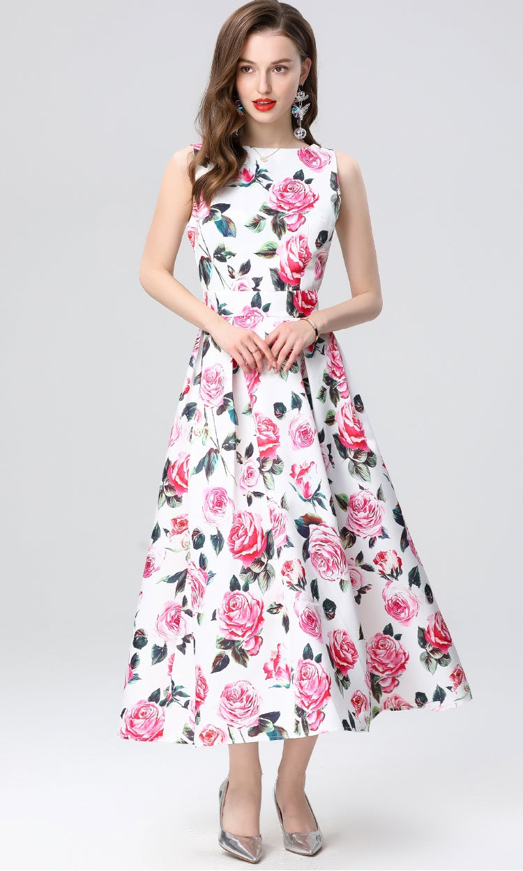 CM-DY035656 Women Elegant European Style Round Neck Sleeveless High Waist Midi Dress
