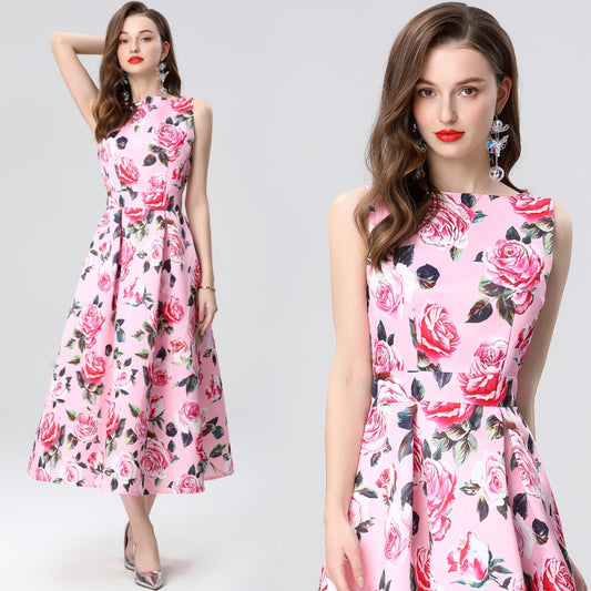 CM-DY035657 Women Elegant European Style Round Neck Sleeveless High Waist A-Line Midi Dress