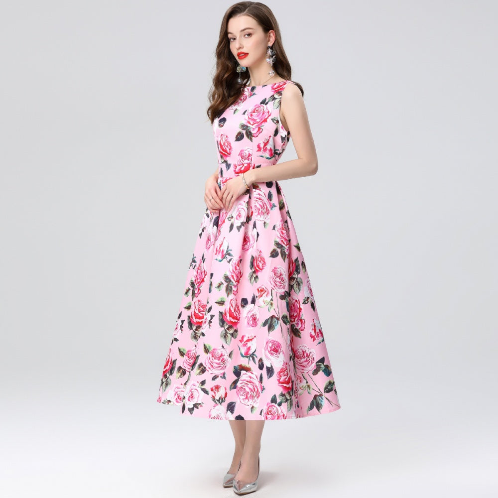CM-DY035657 Women Elegant European Style Round Neck Sleeveless High Waist A-Line Midi Dress