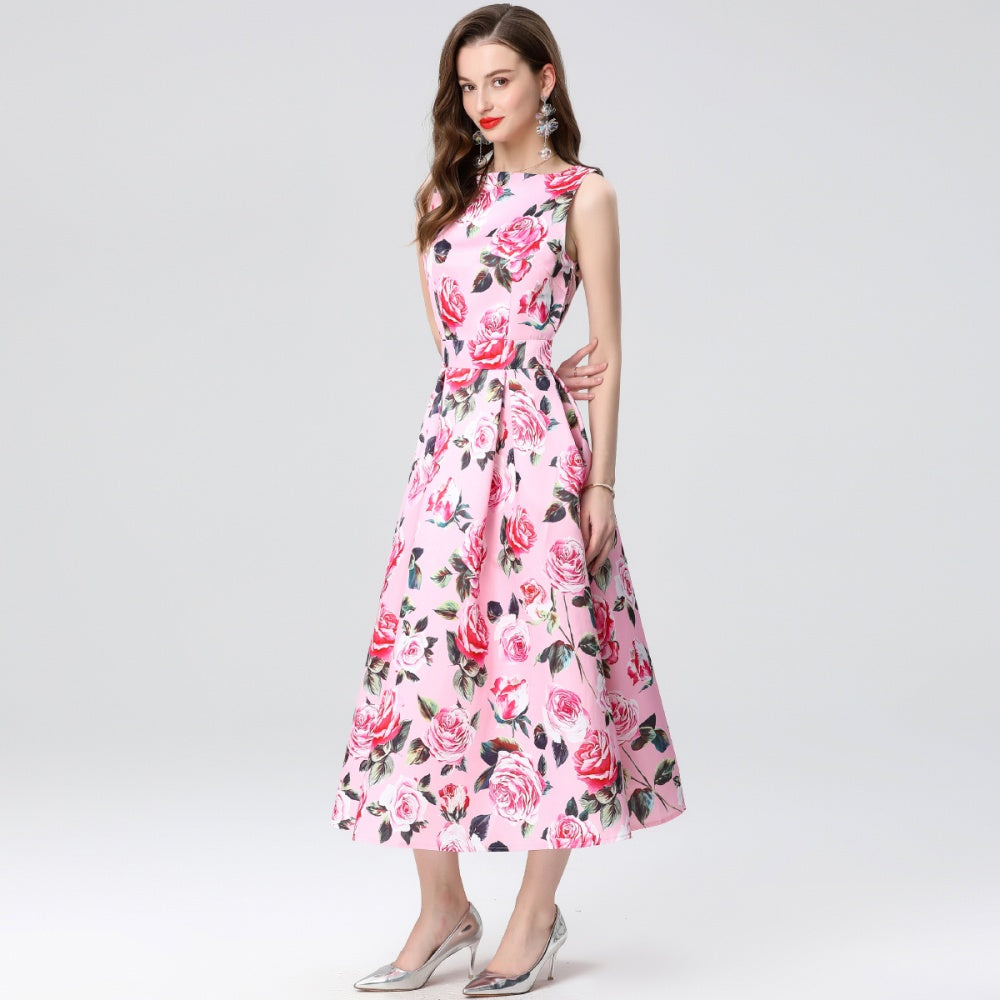 CM-DY035657 Women Elegant European Style Round Neck Sleeveless High Waist A-Line Midi Dress