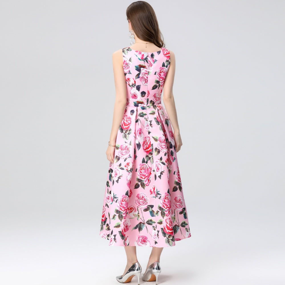 CM-DY035657 Women Elegant European Style Round Neck Sleeveless High Waist A-Line Midi Dress