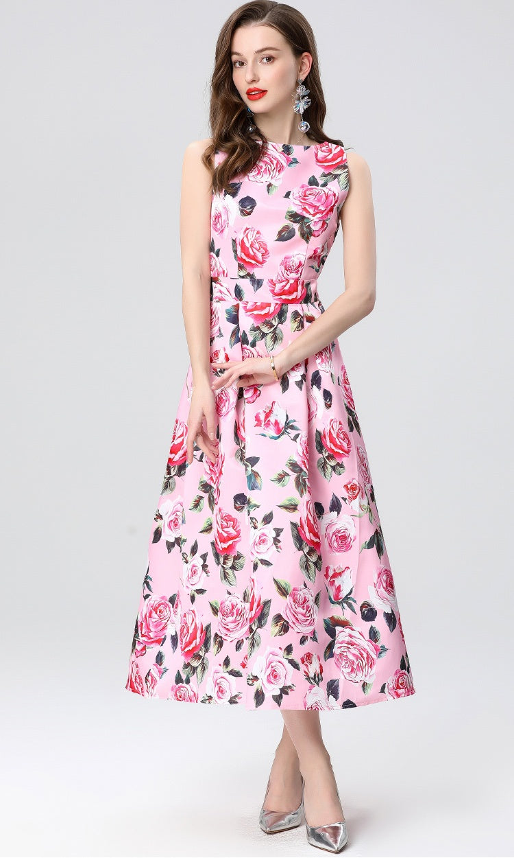 CM-DY035657 Women Elegant European Style Round Neck Sleeveless High Waist A-Line Midi Dress