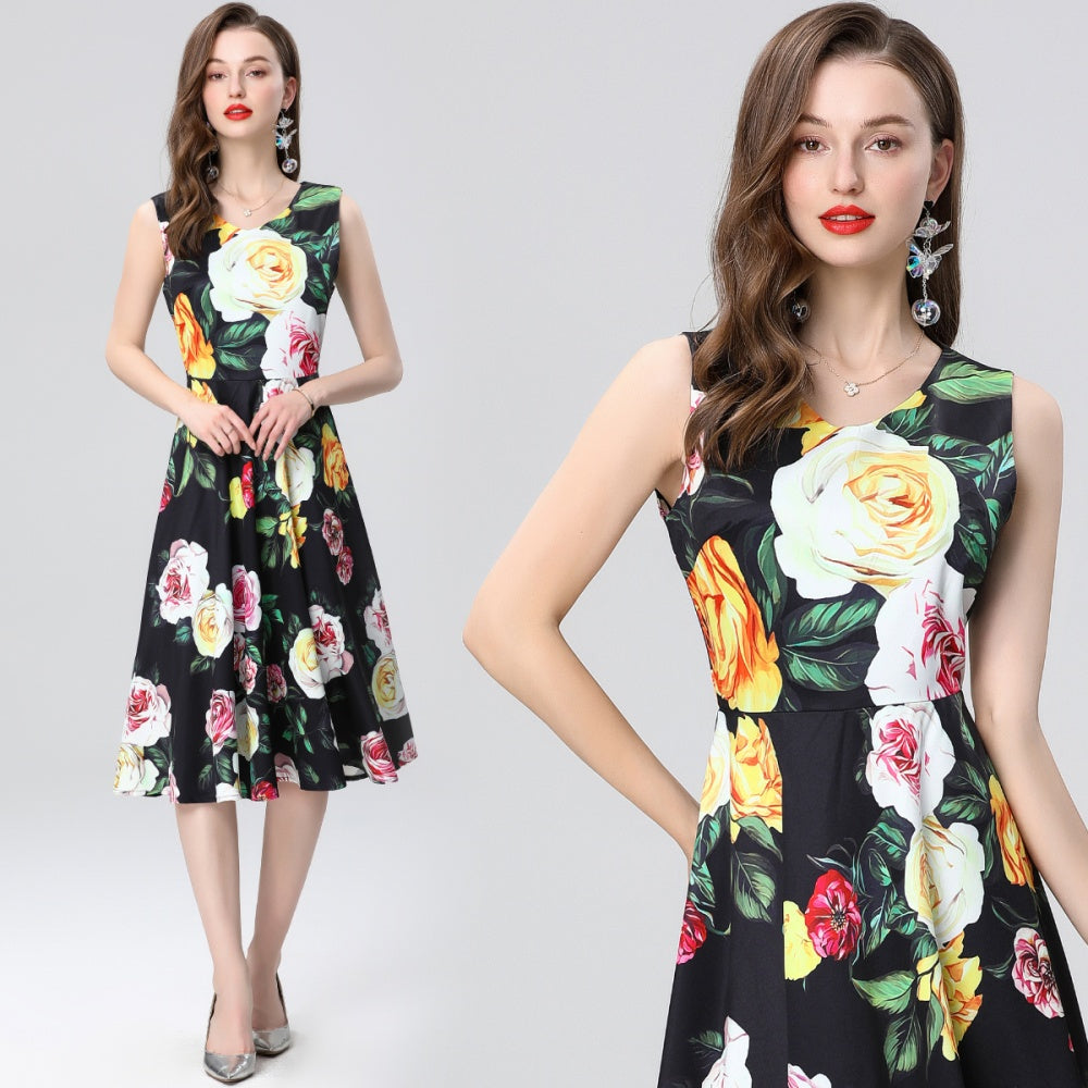 CM-DY035658 Women Elegant Euopean Style Round Neck Sleeveless Floral Print A-Line Dress