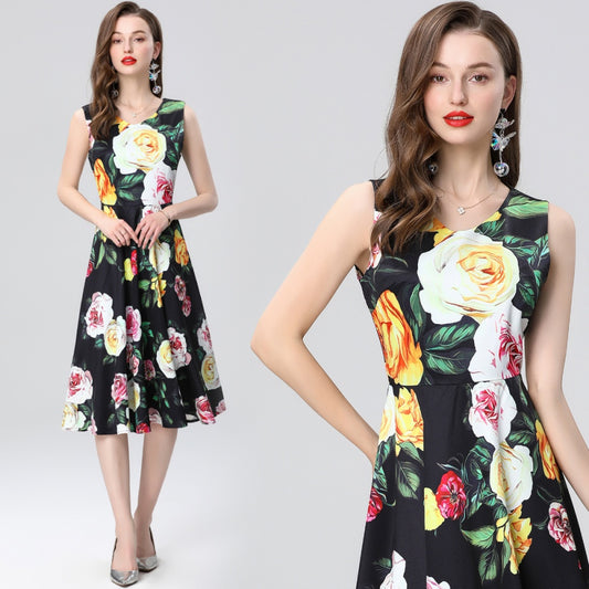 CM-DY035658 Women Elegant Euopean Style Round Neck Sleeveless Floral Print A-Line Dress