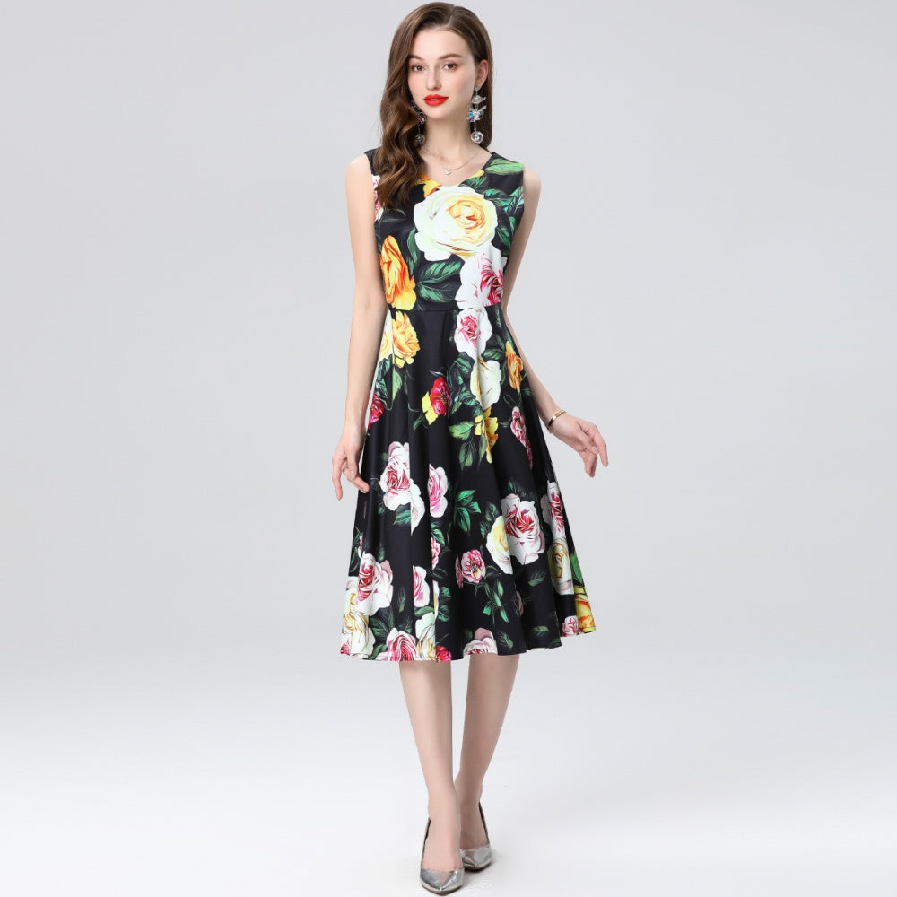 CM-DY035658 Women Elegant Euopean Style Round Neck Sleeveless Floral Print A-Line Dress
