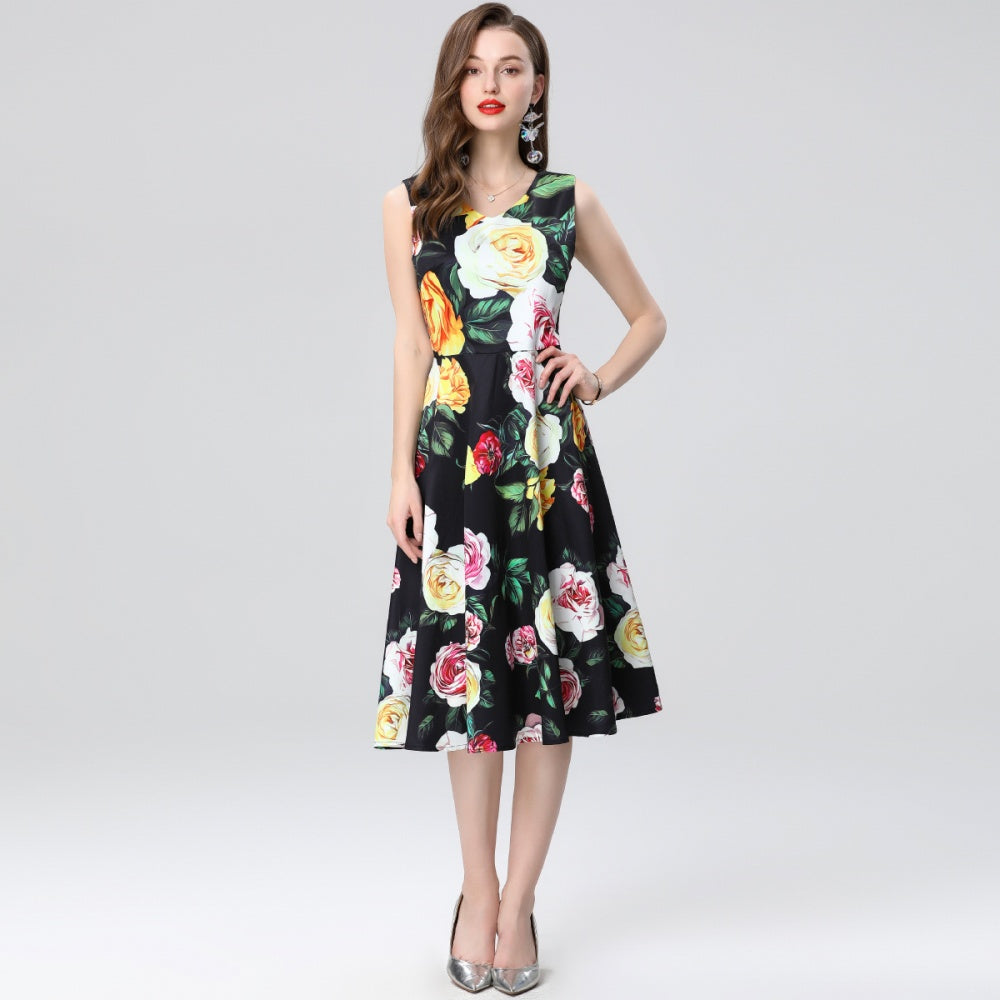 CM-DY035658 Women Elegant Euopean Style Round Neck Sleeveless Floral Print A-Line Dress