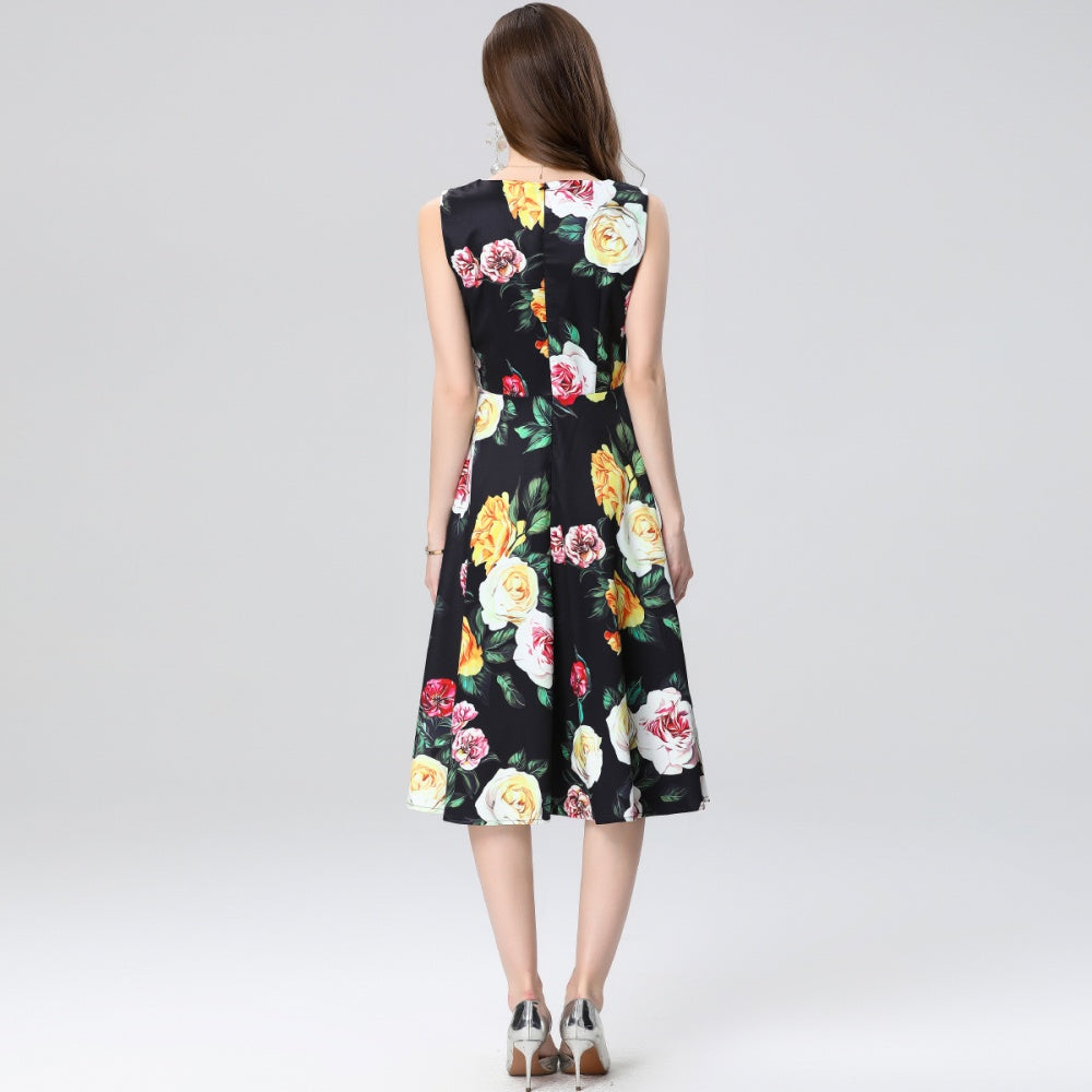 CM-DY035658 Women Elegant Euopean Style Round Neck Sleeveless Floral Print A-Line Dress