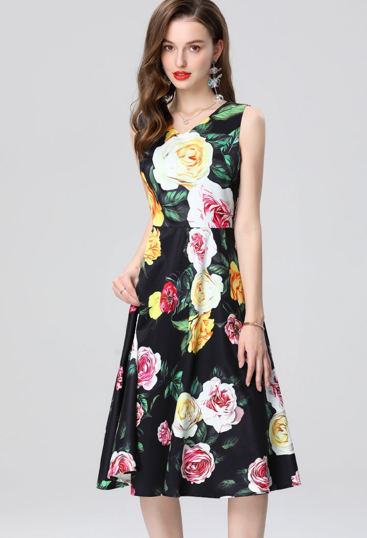 CM-DY035658 Women Elegant Euopean Style Round Neck Sleeveless Floral Print A-Line Dress