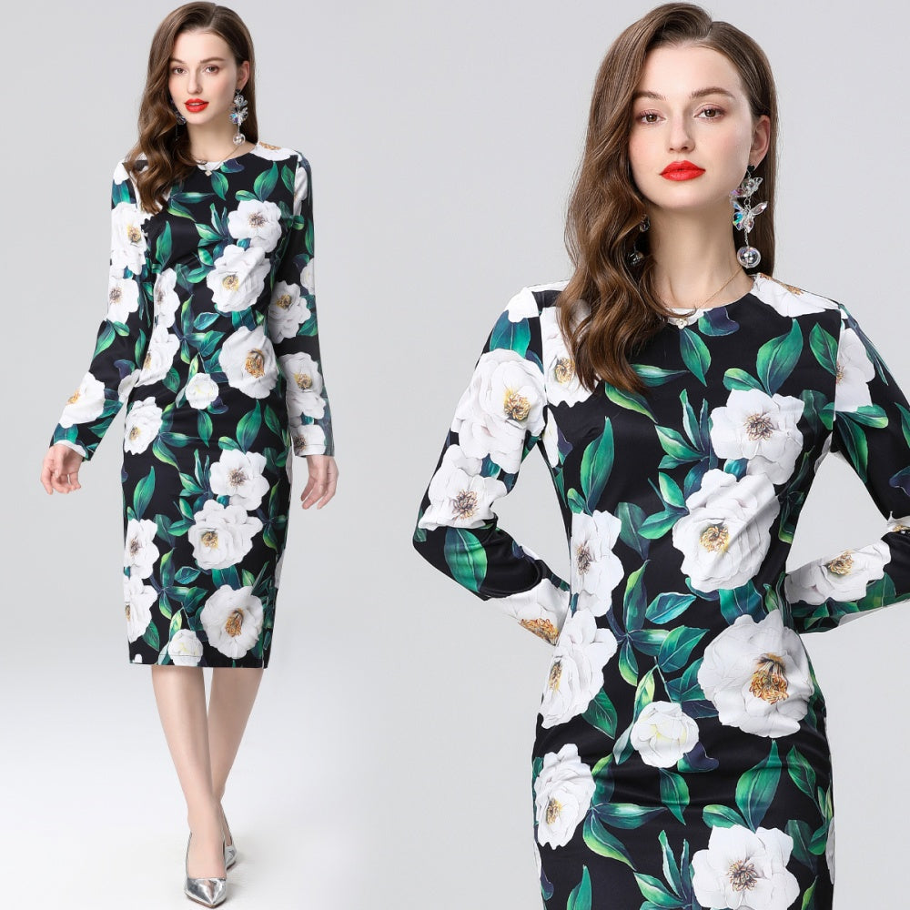 CM-DY035660 Women Elegant European Style Round Neck Long Sleeve High Waist Midi Dress