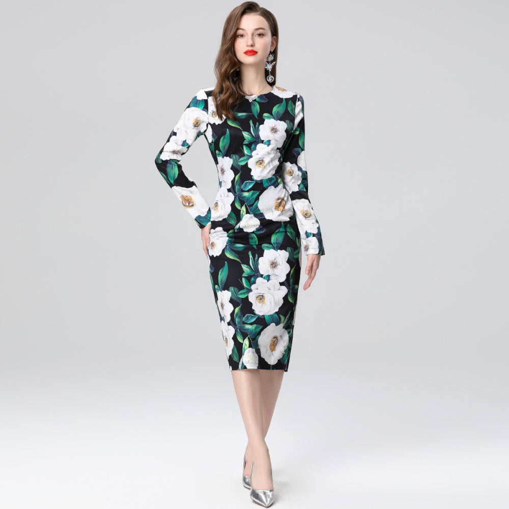 CM-DY035660 Women Elegant European Style Round Neck Long Sleeve High Waist Midi Dress