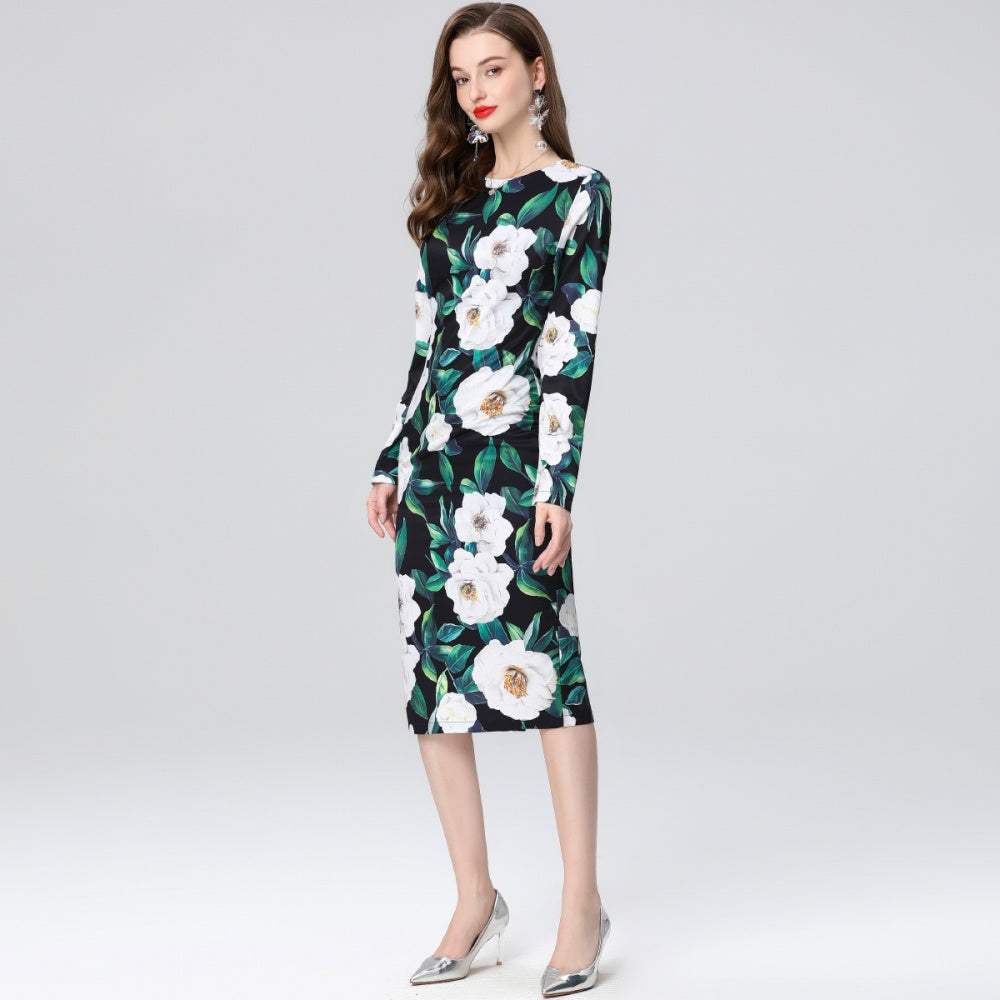 CM-DY035660 Women Elegant European Style Round Neck Long Sleeve High Waist Midi Dress