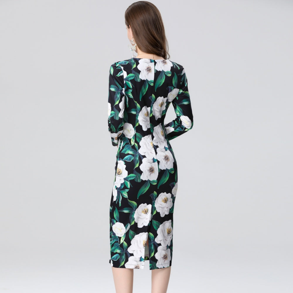 CM-DY035660 Women Elegant European Style Round Neck Long Sleeve High Waist Midi Dress