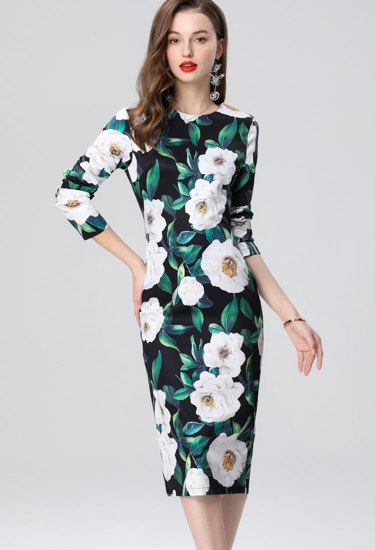 CM-DY035660 Women Elegant European Style Round Neck Long Sleeve High Waist Midi Dress